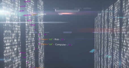 Gliding glowing panels displaying binary digits and code snippets in data corridor, light streaks