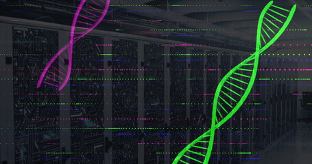 Floating neon green DNA helix streaming through data center, with LED status lights