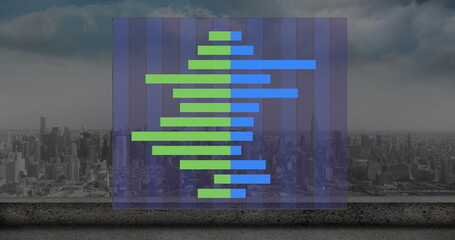 Floating panel showing chart on concrete terrace edge with green blue bars overlooking skyscrapers