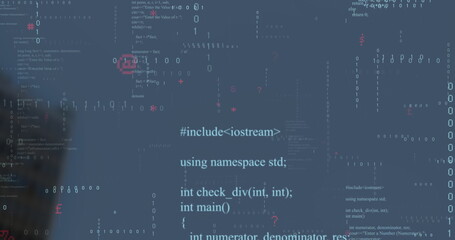 Showing C++ code drifting over blurred office building, with binary digits question marks asterisks