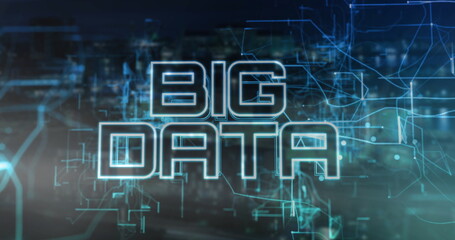 Displaying digital BIG DATA text glowing over nighttime cityscape, with network nodes and circuits
