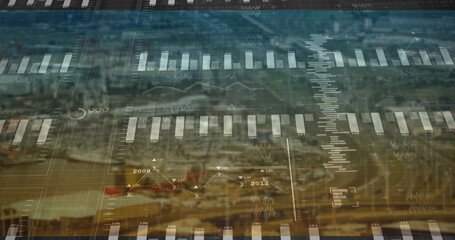 Displaying digital data overlay on city harbor skyline, with bar and line charts and numeric labels