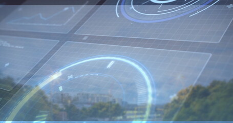 Overlaying HUD graphics at urban landscape, with grid, radar, chart, progress rings and subtle glow