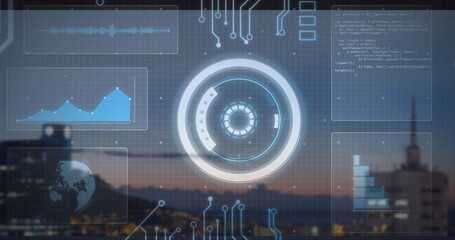 Showing circular HUD overlaying city skyline at dusk, displaying line chart, waveform, code snippet