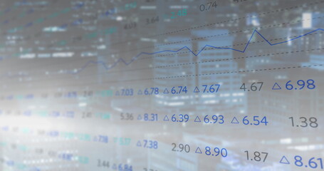 Projecting digital financial overlay across city skyline at dusk, with stock price fluctuations