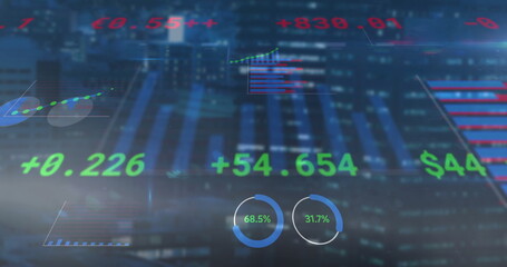 Displaying futuristic finance dashboard against night skyline, with floating numbers and charts