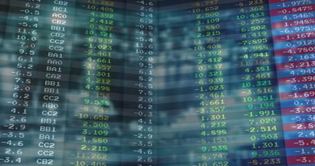 Digital ticker display showing ticker codes with colored percent changes at trading floor