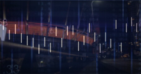 Obraz premium Racing orange train through night rail tunnel, passing tracks under cables with vertical light bars