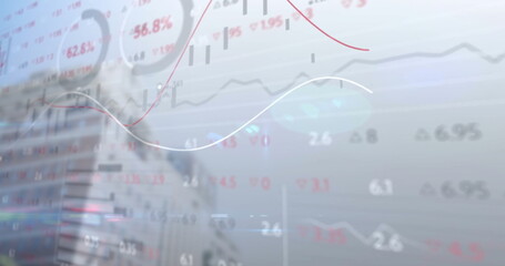 Displaying stock data showing line graphs, candlestick charts, percent figures on digital interface
