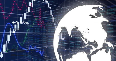 Displaying globe silhouette on financial dashboard featuring candlesticks and +41