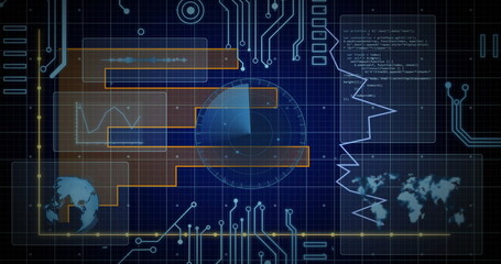 Displaying central radar graphic scanning high-tech interface with orange panels, circuit traces