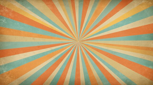 Retro-styled radial burst design featuring a textured, aged paper background and radiating pastel stripes converging at the center.  The color palette consists of muted oranges, yellows, and teals