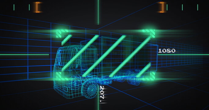 Showing wireframe semi-truck in 3D grid with scanning bars and arrows, label 1080, crosshairs