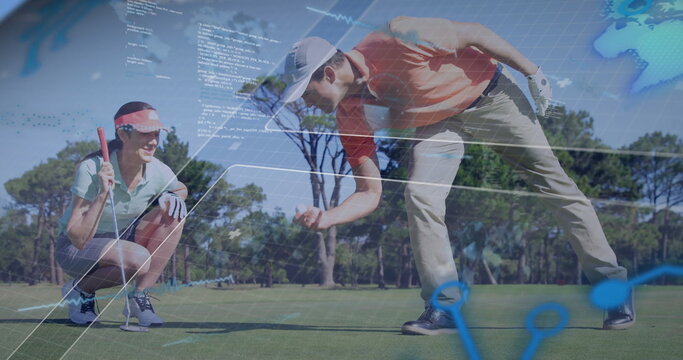 Kneeling and crouching couple in golf attire examining putt line on golf green, digital overlays - Powered by Adobe