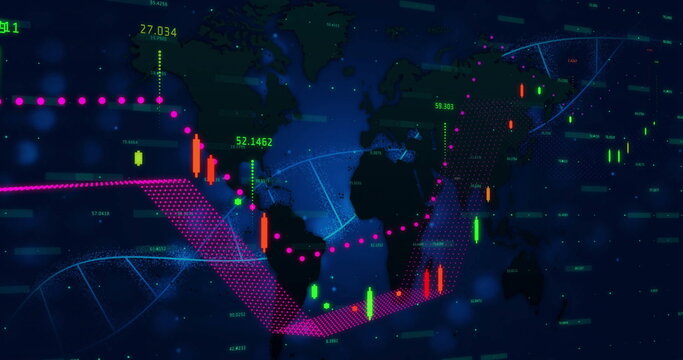 Displaying world map showing candlestick bars, magenta trend lines, numeric labels on dashboard - Powered by Adobe