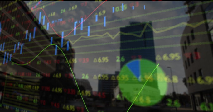 Displaying financial overlay on downtown street with skyscraper and candlestick charts and tickers