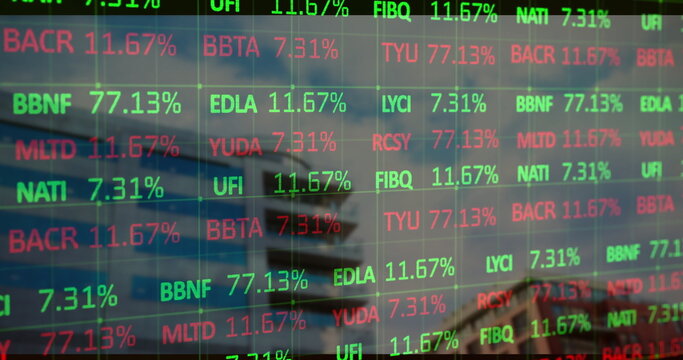 Displaying transparent ticker showing stock symbols and percentages in office, with steel beams - Powered by Adobe