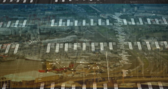 Displaying digital data overlay on city harbor skyline, with bar and line charts and numeric labels - Powered by Adobe