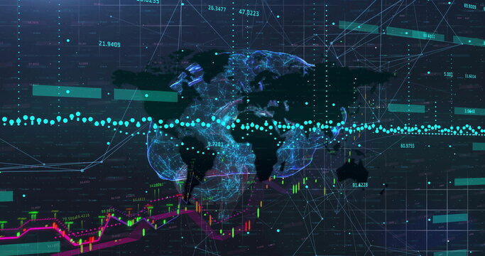 Naklejki Displaying 3D Earth rotating within analytics dashboard, with network nodes and candlestick charts