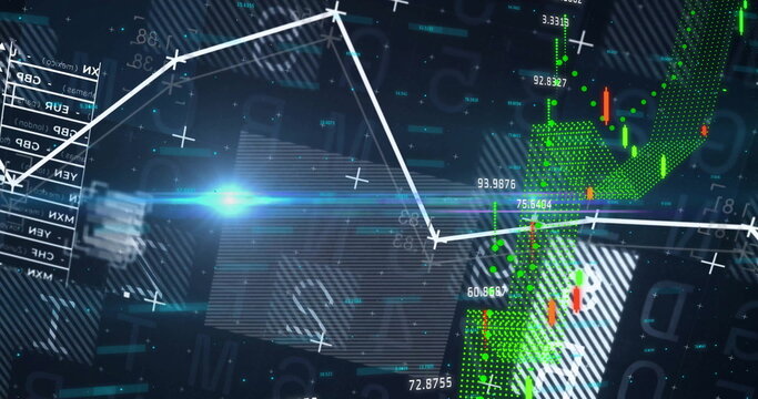 Displaying financial chart on trading dashboard, with white polyline and green candlestick bars