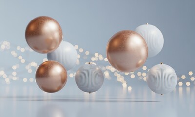 Elegant Rose Gold White Orbs Festive 3D Render for Holiday Marketing