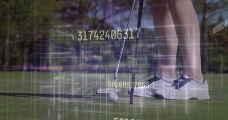 Golfer's legs in golf shoes aligning putter behind ball on putting green, with digital data overlay