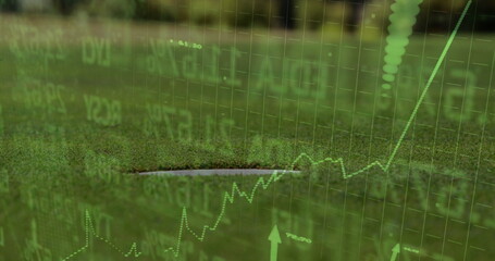 Merging golf hole cup with translucent financial grid overlay on putting green grass, rising trend © vectorfusionart