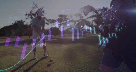 Aiming golfer adjusting driver at ball on fairway, with bag and stats overlay, copy space