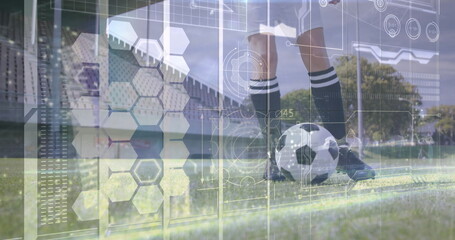 Balancing female soccer player wearing kit, foot on soccer ball at sideline, hex overlay
