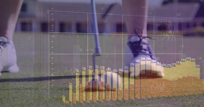 Mature golfer in shorts aligning putter near golf ball on putting green, with bar chart overlay