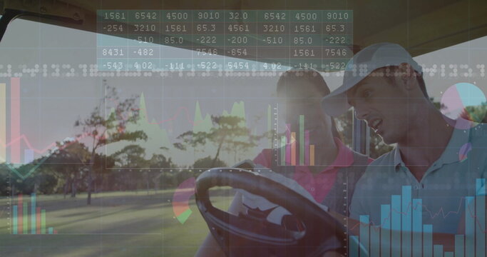 Riding golf cart, two friends wearing polos checking metrics on sunset fairway, with data overlays