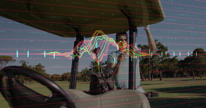 Golfer wearing polo shirt, cap adjusting golf cart roof at golf course, with bag, waveform charts