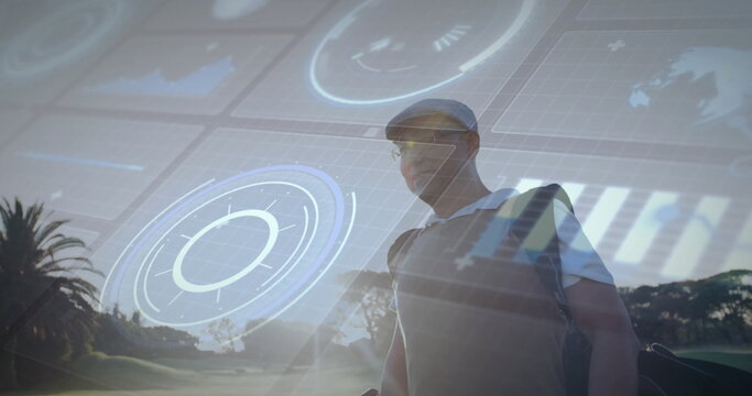 Chinese golfer in polo analyzing holographic data, carrying golf bag on fairway, copy space - Powered by Adobe