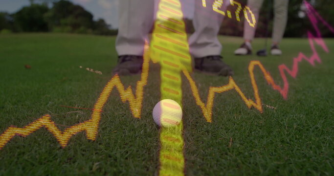 Displaying golf ball resting on trimmed green at golf course fairway, with digital chart overlay