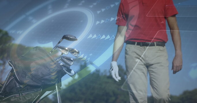 Standing golfer adjusting white glove on fairway, with golf clubs, digital overlays, copy space