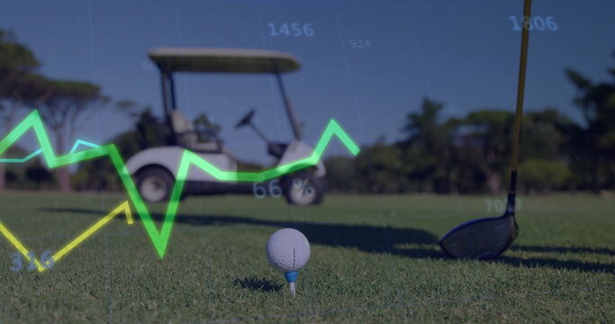 Displaying golf ball resting on blue tee at golf course fairway, showing driver club, chart overlay