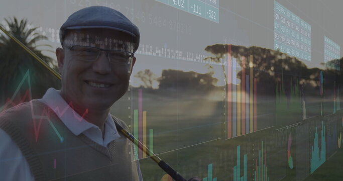 Smiling golfer holding club on golf course at sunrise, with financial charts overlay, copy space