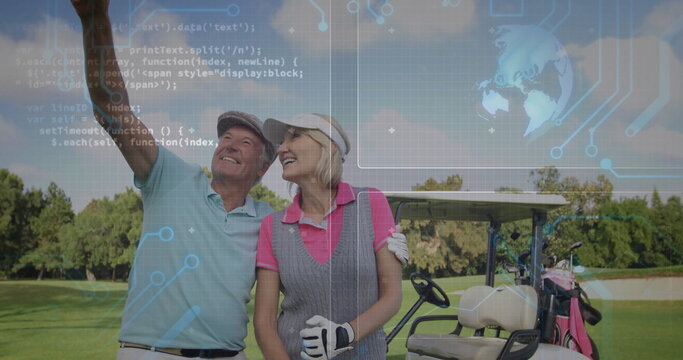 Taking selfie mature couple with golf caps, gloves on fairway, smartphone, cart and digital overlay