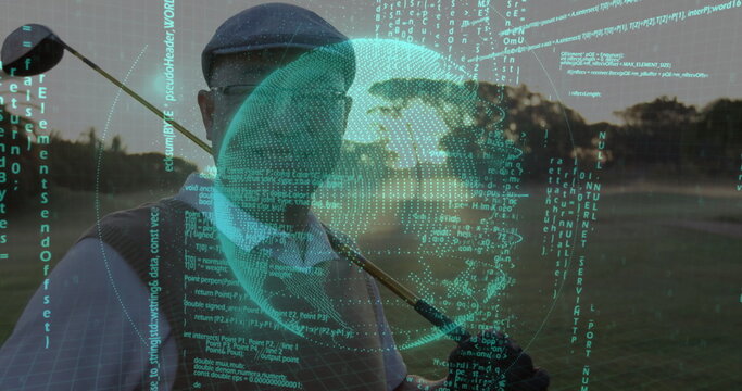 Standing mature Chinese golfer holding club on fairway at dusk, showing holographic globe and data - Powered by Adobe