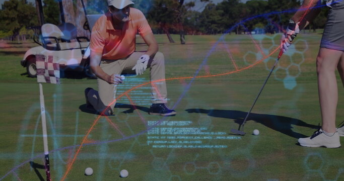 Kneeling instructor aligning putt on putting green, woman holding putter, with holographic data - Powered by Adobe