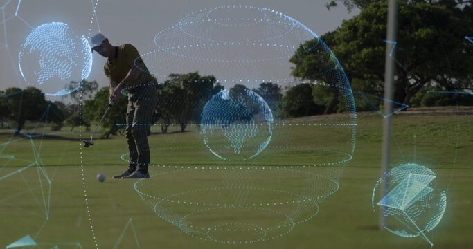 Leaning golfer wearing olive polo lining ball and aligning putter on putting green, with overlays