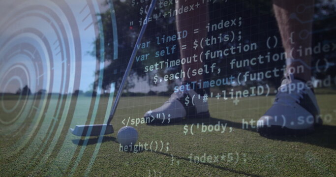 Positioning golfer's lower legs over golf ball on putting green, with putter head and code overlay