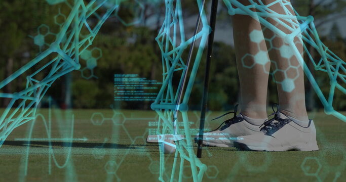 Golfer in white golf shoes addressing golf ball with putter on green, with wireframe code overlay - Powered by Adobe