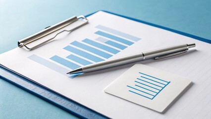 Business data analysis with graphs and pen, showcasing financial growth on blue background