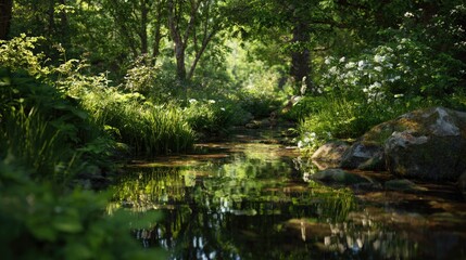 Sunlit creek flows through lush garden, tranquil scene