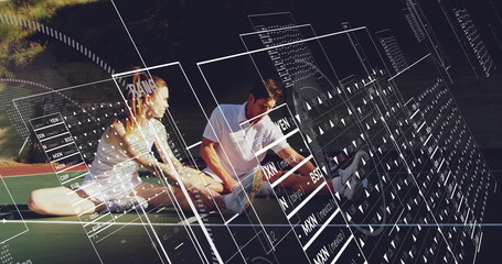 Fitness partners stretching on tennis court wearing sportswear, with digital HUD panels