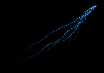 A vibrant blue electric current streaks diagonally across a pitch-black background, resembling a lightning bolt or energy beam.  Its jagged edges and glowing intensity create a dynamic, powerful image
