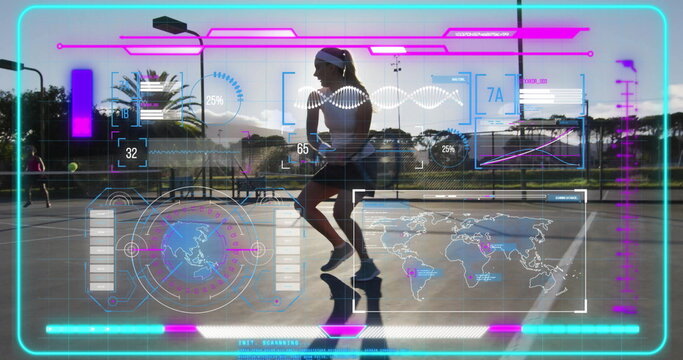 Tennis player swinging racket and hitting ball in sunset court, with fence and holographic overlay - Powered by Adobe