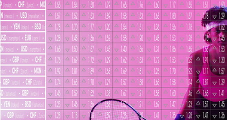 Swinging racket, Black tennis player with headband on pink chart with rates and arrows, copy space