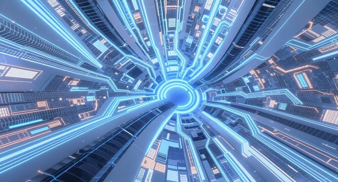 Futuristic Technology Background Glowing Circuitry Tunnel, Abstract Digital Art